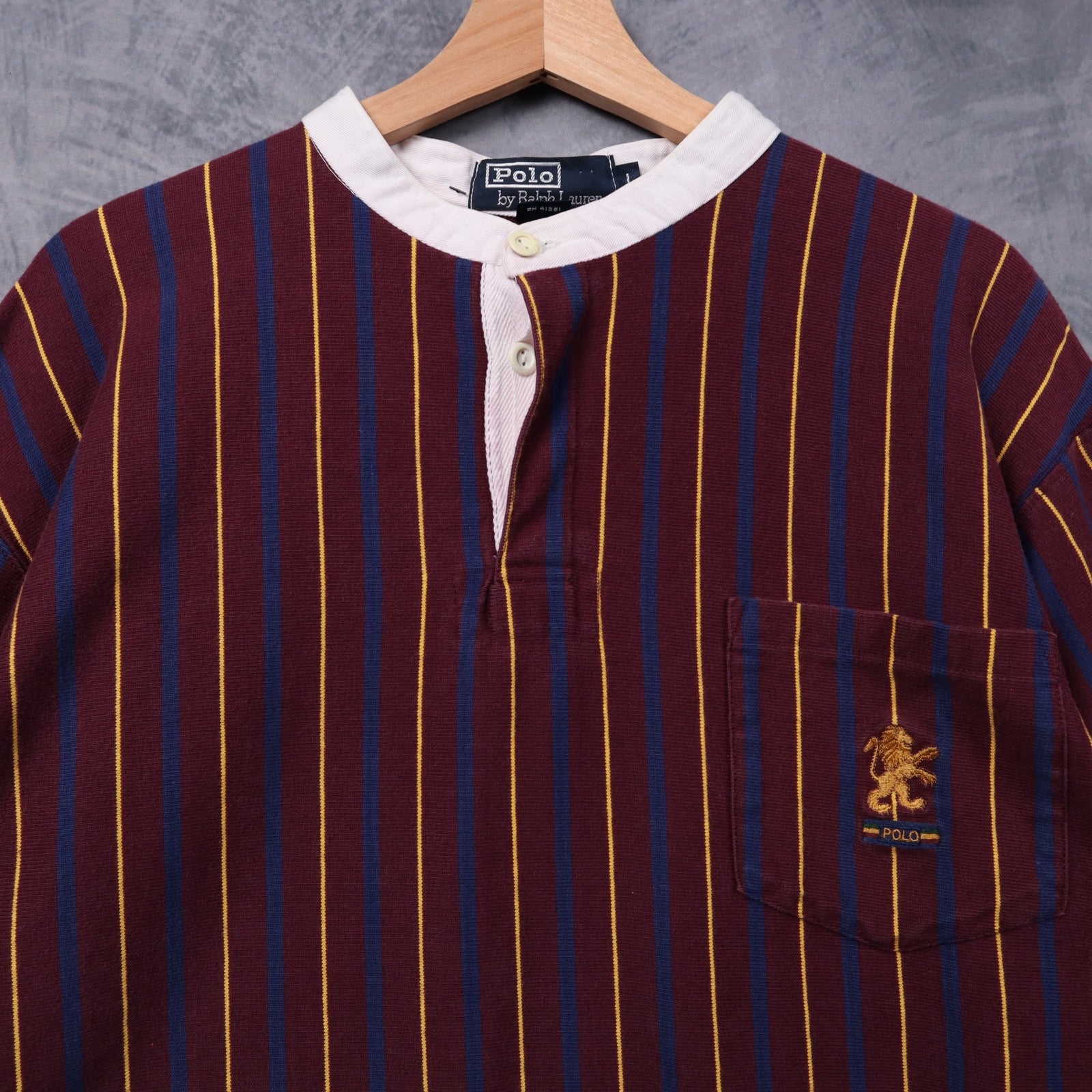 90s Burgundy Polo Ralph Lauren Striped Lion Crest Henley Long Sleeve 5425