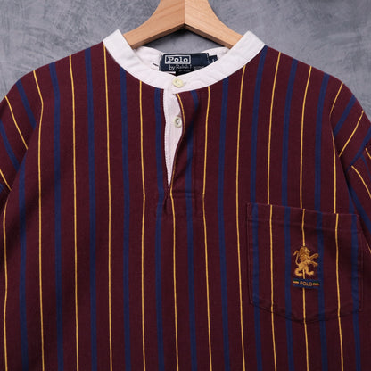 90s Burgundy Polo Ralph Lauren Striped Lion Crest Henley Long Sleeve 5425