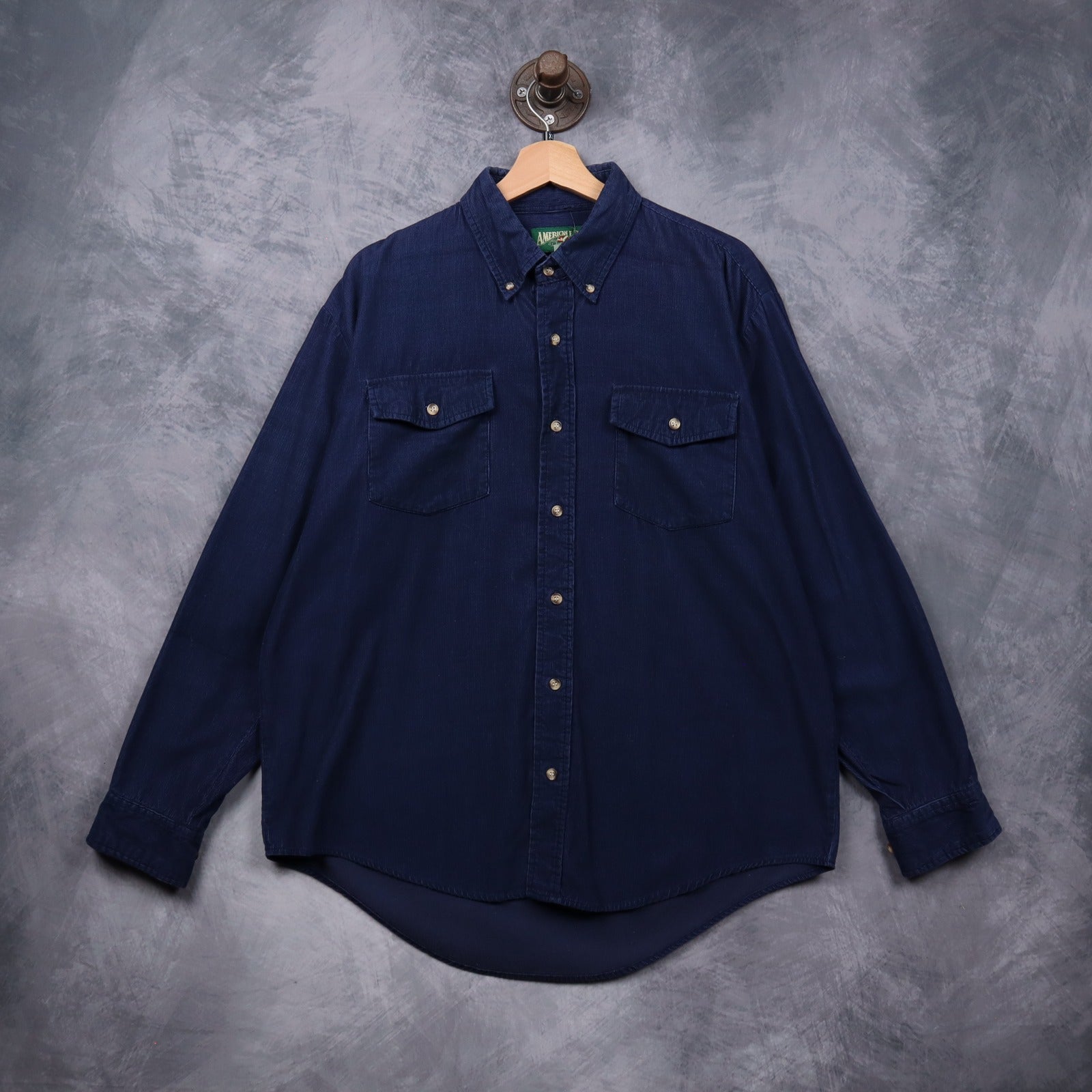 90s Navy Blue American Eagle Corduroy Button Up Long Sleeve Shirt 5604