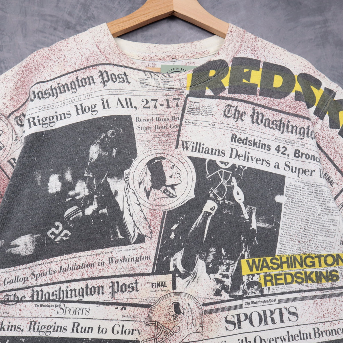 90s White Washington Redskins Newspaper All Over Print Shirt 6559