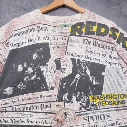 90s White Washington Redskins Newspaper All Over Print Shirt 6559