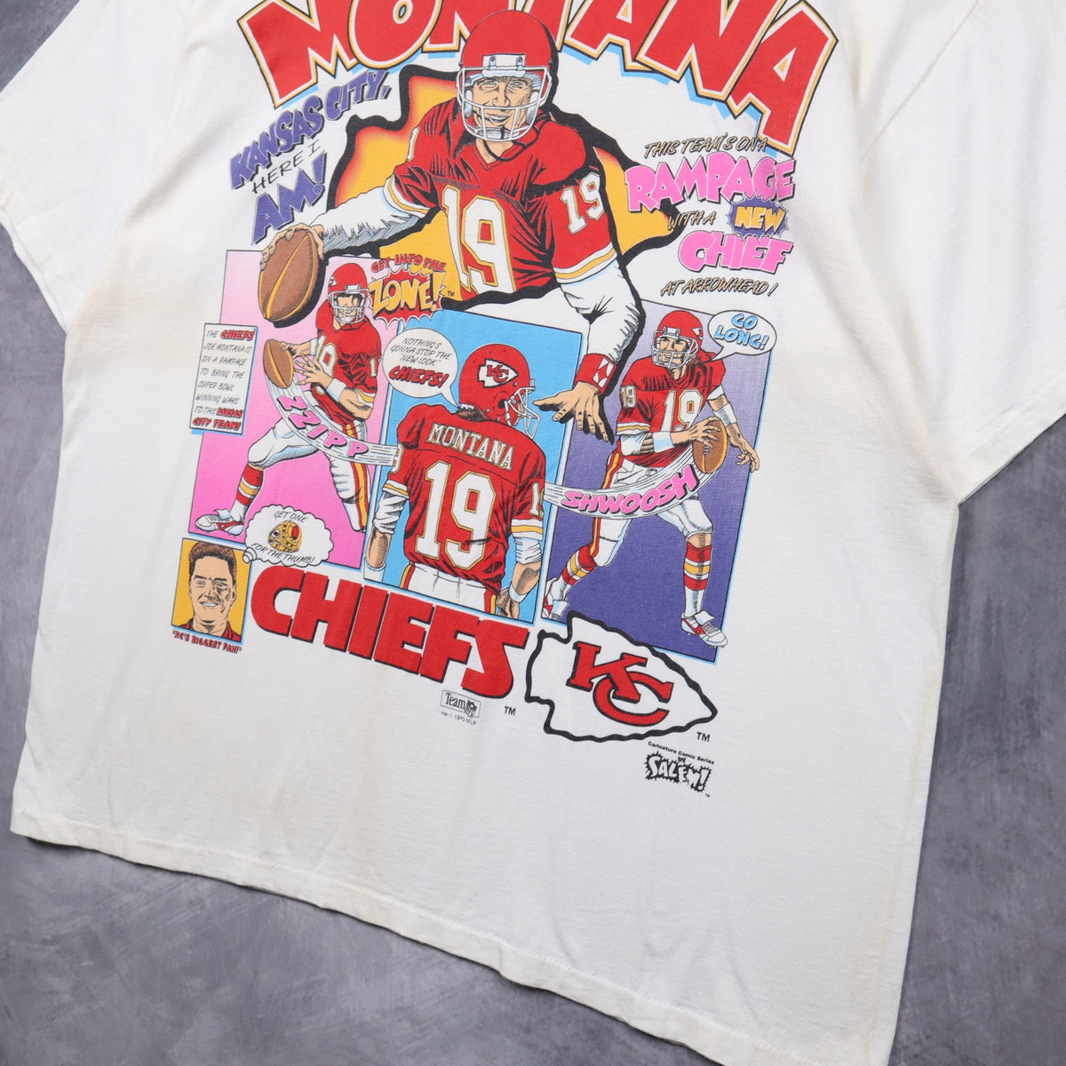 1993 White Kansas City Chiefs Joe Montana Caricature Shirt 6689