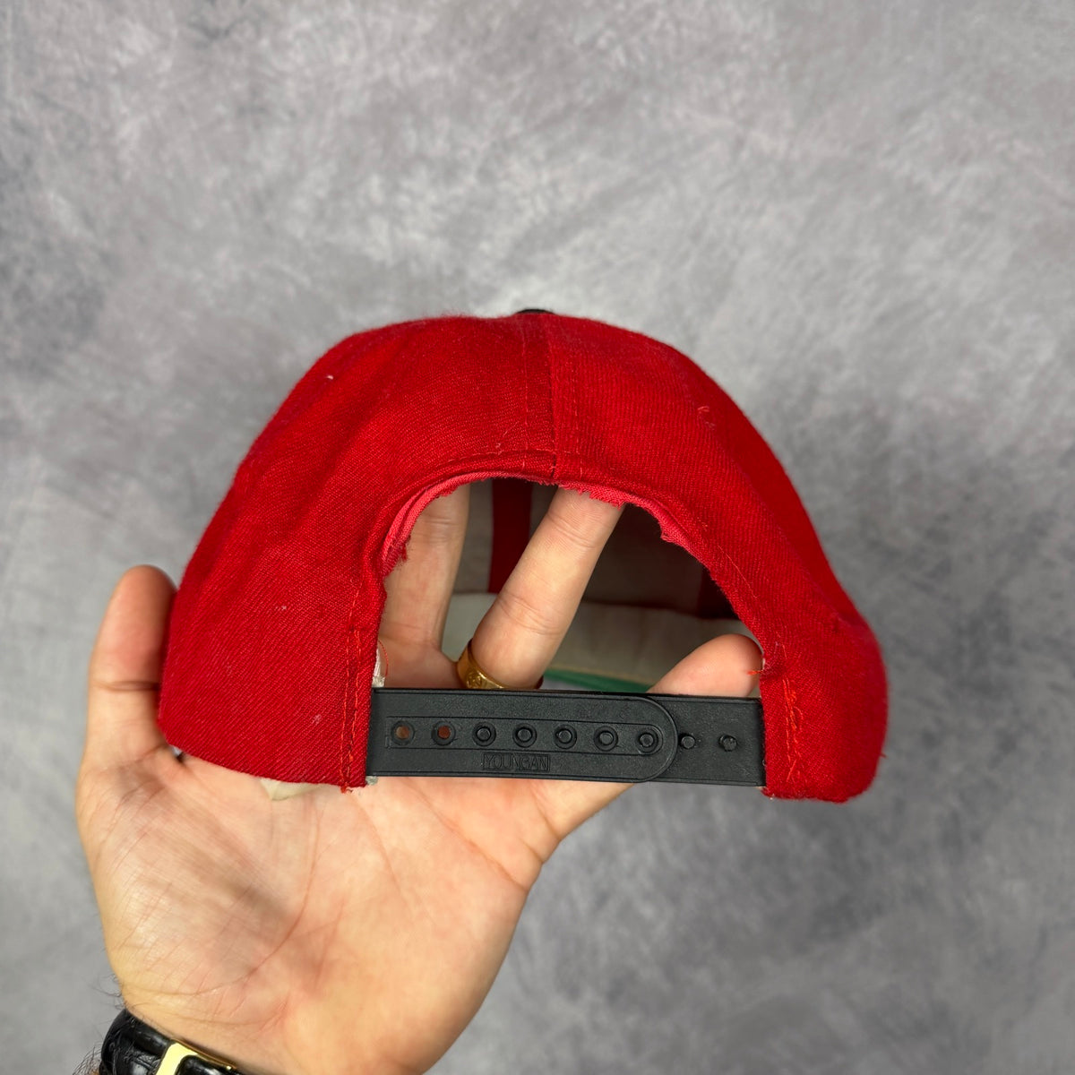 90s Red San Francisco 49ers Sports Specialties Script Snapback Hat 6800