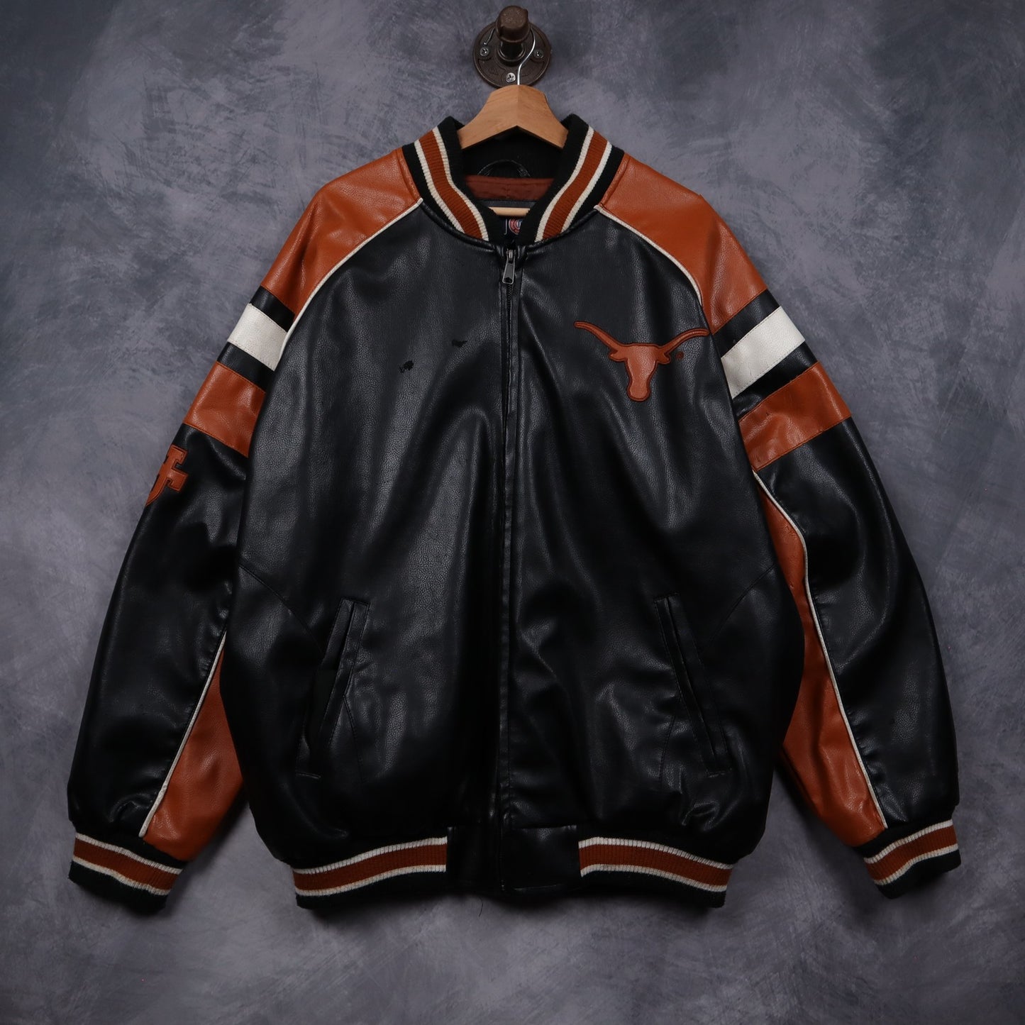00s Black Texas Longhorns Faux Leather Varsity Jacket 5932
