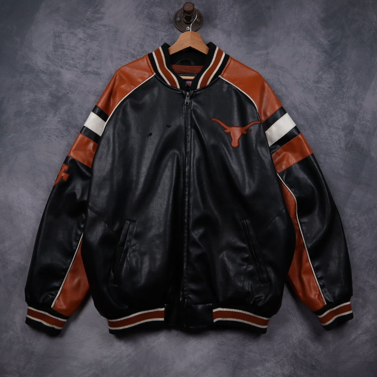 00s Black Texas Longhorns Faux Leather Varsity Jacket 5932