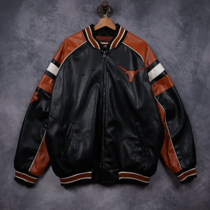00s Black Texas Longhorns Faux Leather Varsity Jacket 5932