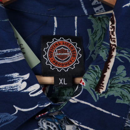 90s Navy Harley-Davidson Tropical All Over Print Button Up Shirt 5140