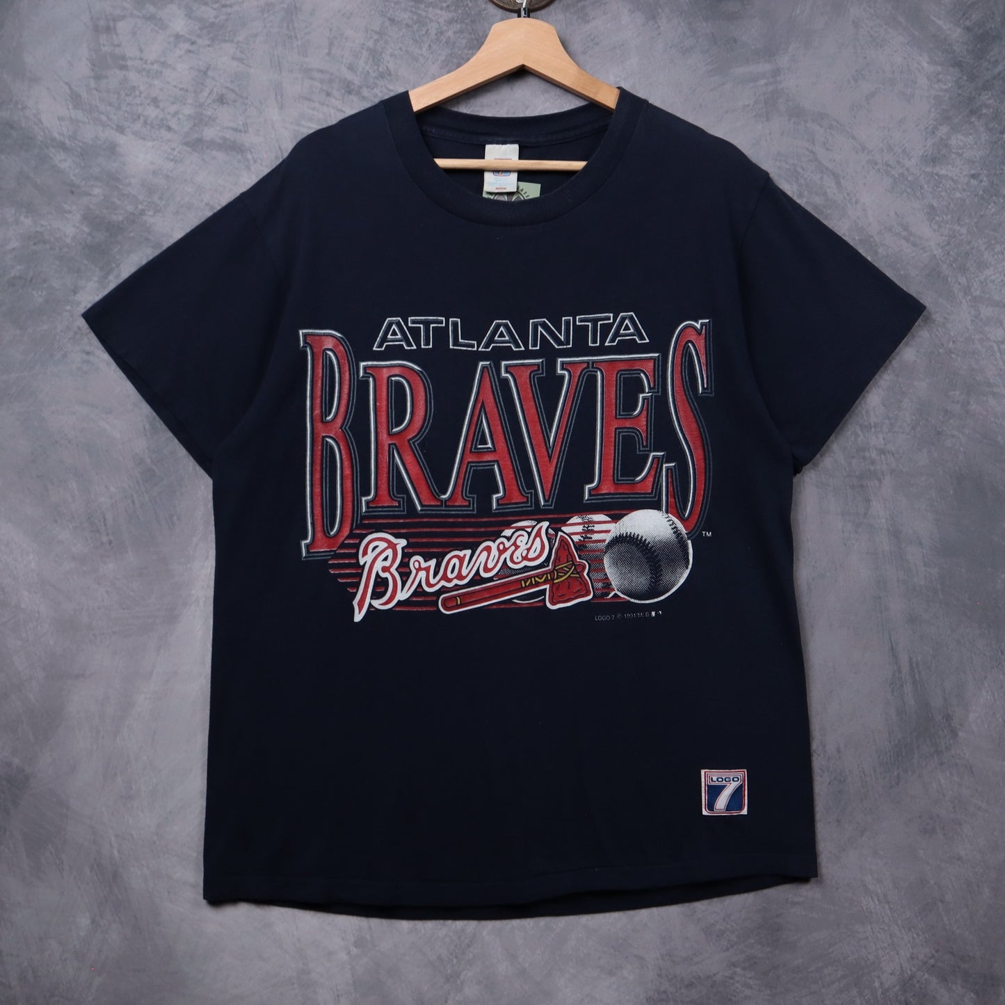 1991 Navy Blue Atlanta Braves Logo 7 Shirt 5355