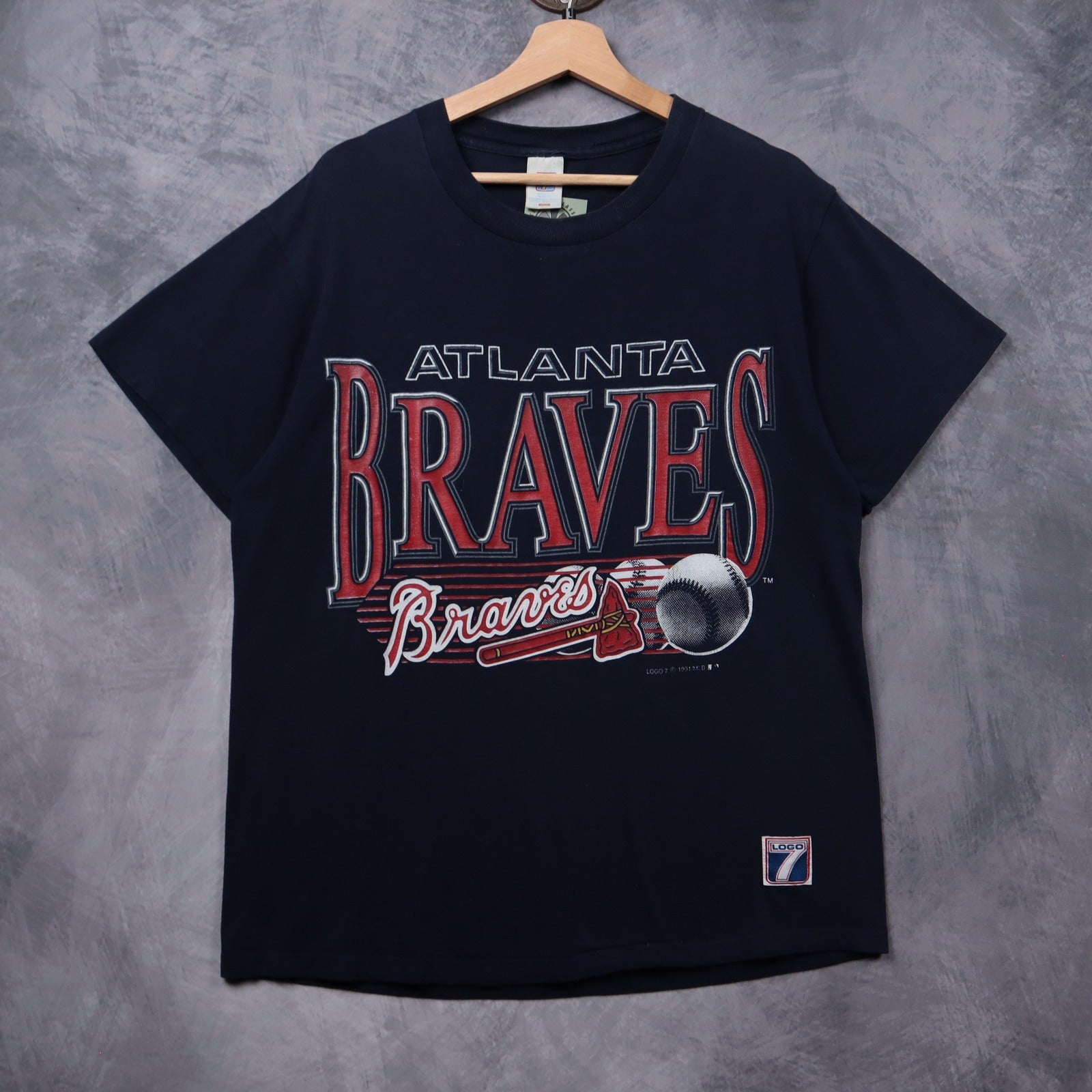 1991 Navy Blue Atlanta Braves Logo 7 Shirt 5355