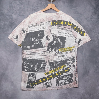 90s White Washington Redskins Newspaper All Over Print Shirt 6559