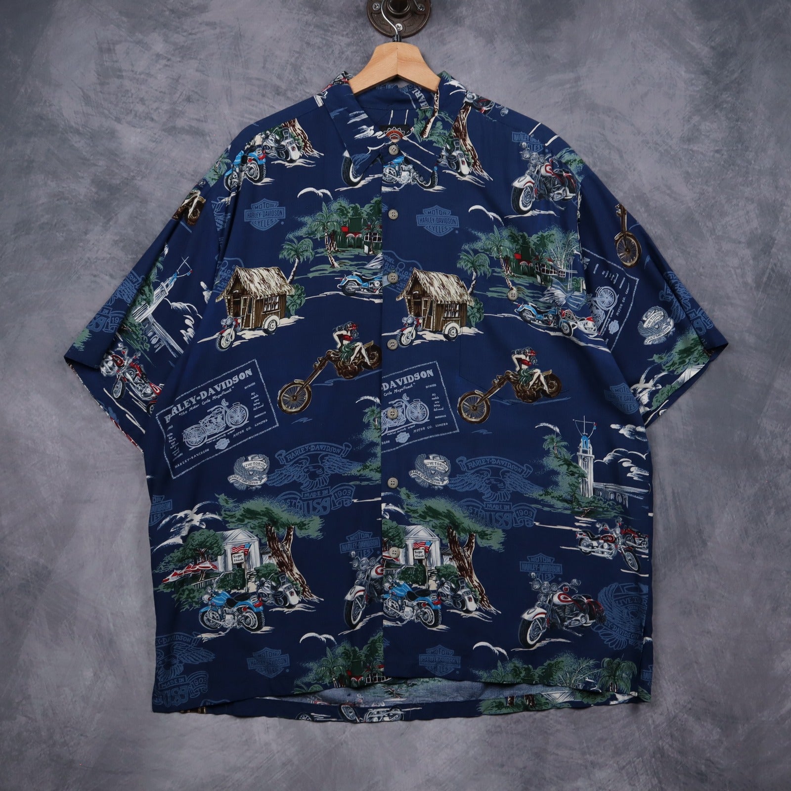 90s Navy Blue Harley-Davidson Tropical All Over Print Button Up Shirt 5140