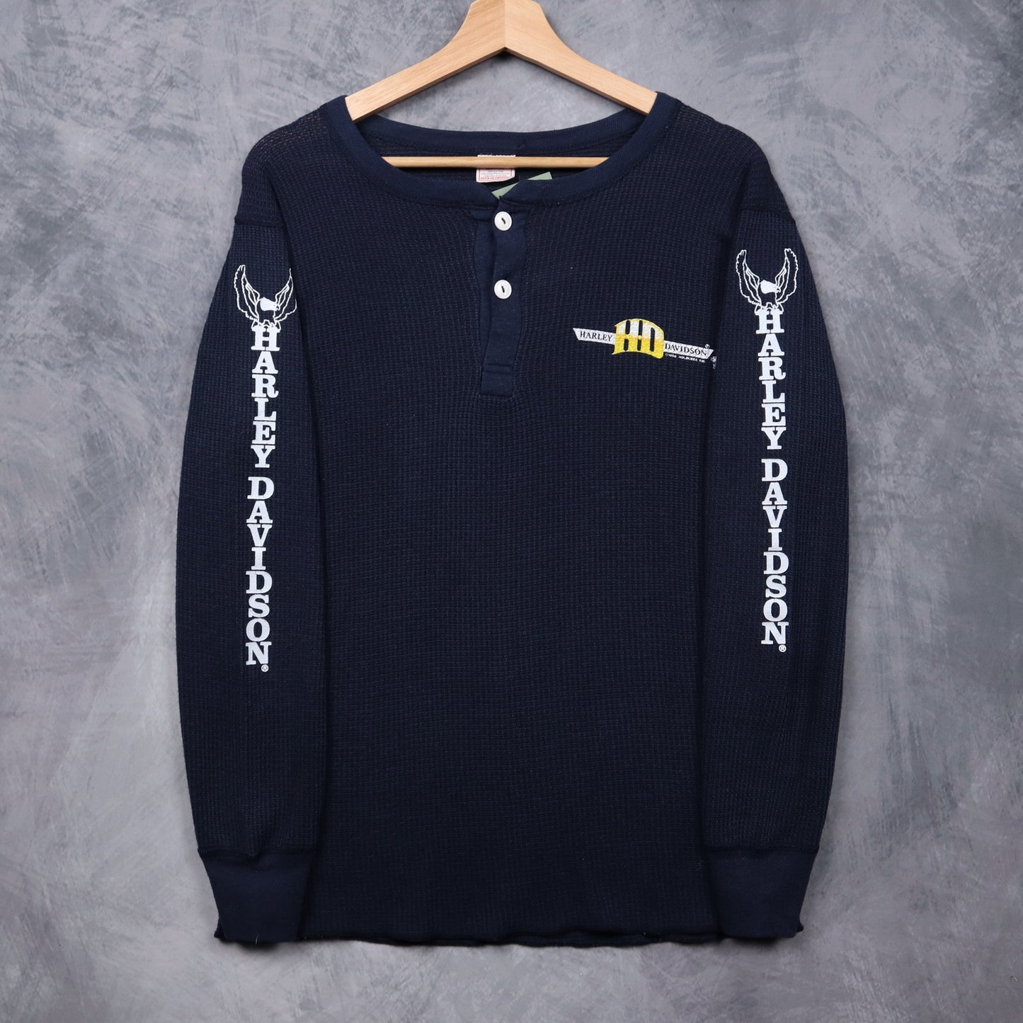 80s Navy Blue Harley Davidson Odessa Texas Thermal Henley 5568