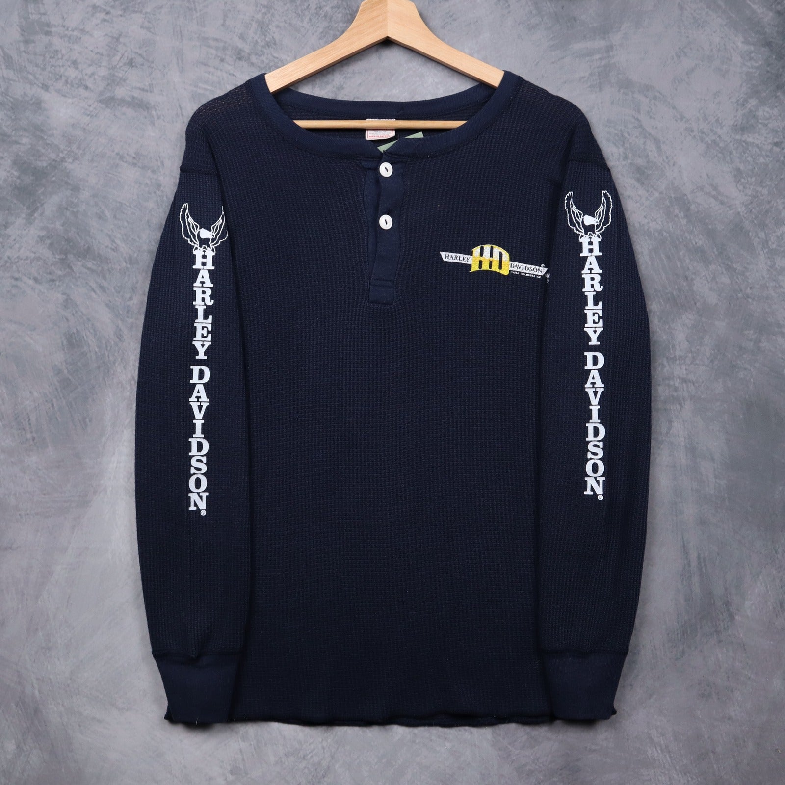 80s Navy Blue Harley Davidson Odessa Texas Thermal Henley 5568