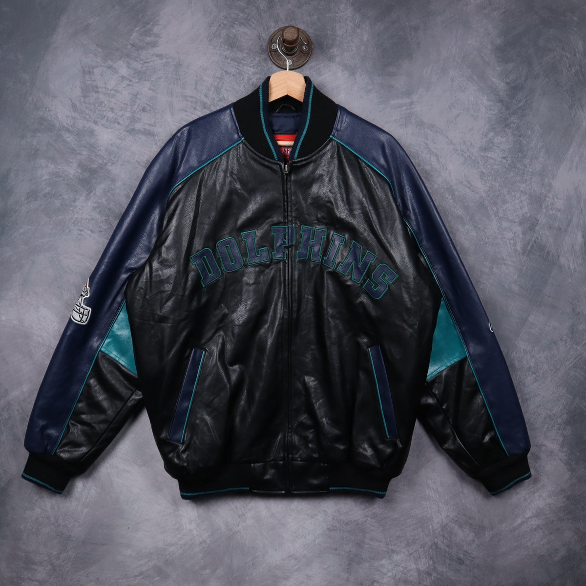 00s Black Miami Dolphins Faux Leather Bomber Jacket 6520