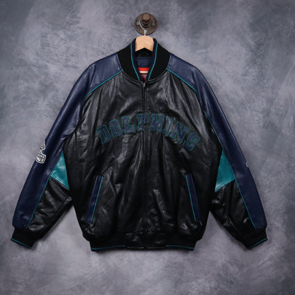 00s Black Miami Dolphins Faux Leather Bomber Jacket 6520