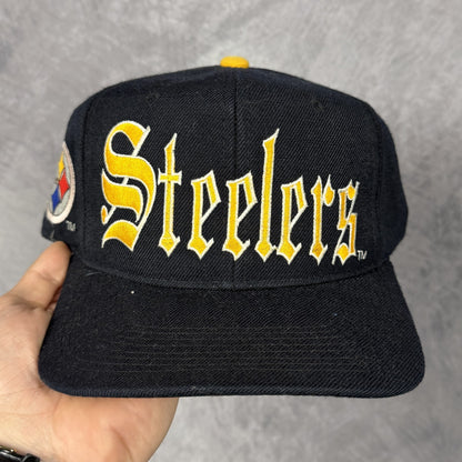 90s Black Pittsburgh Steelers Old English Snapback Hat 6865