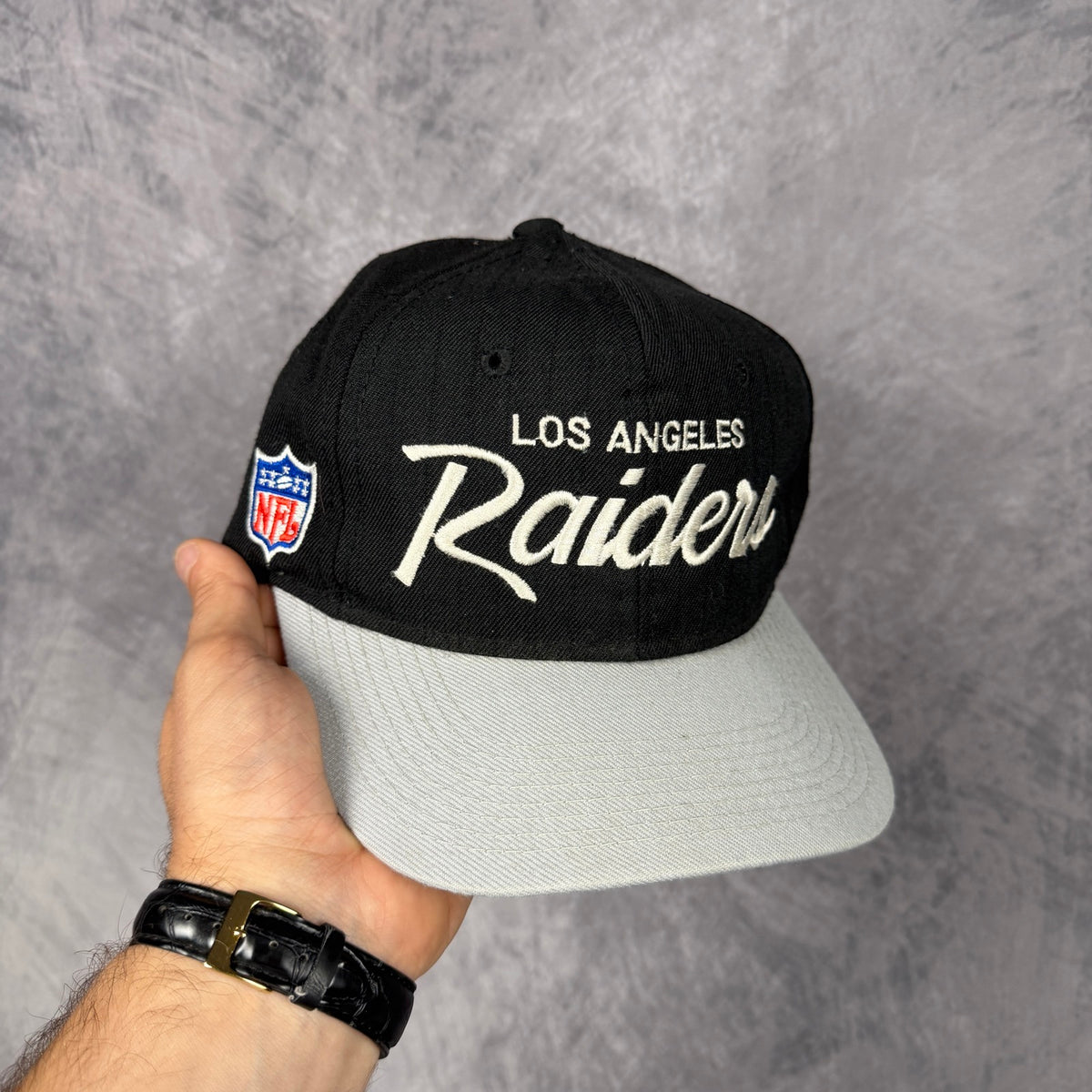 90s Black Los Angeles Raiders Sports Specialties Script Snapback Hat 6839