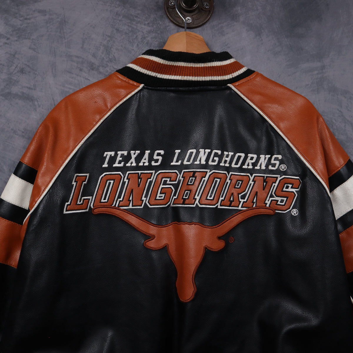 00s Black Texas Longhorns Faux Leather Varsity Jacket 5932
