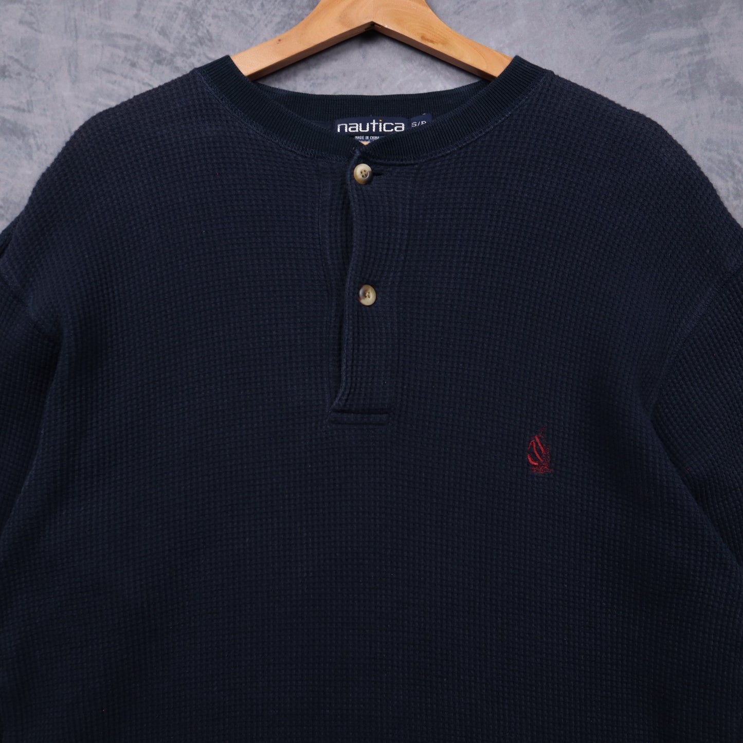 90s Navy Blue Nautica Waffle Knit Henley Long Sleeve 5552