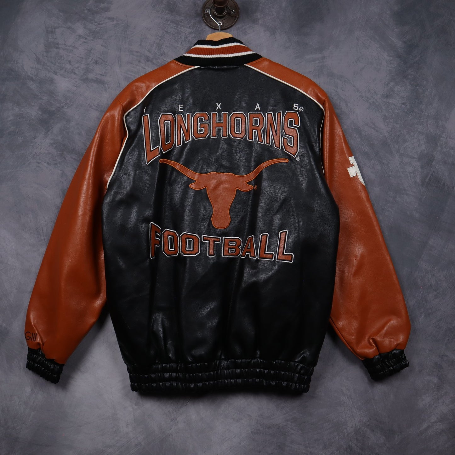 00s Black Texas Longhorns Football Faux Leather Varsity Jacket 5931