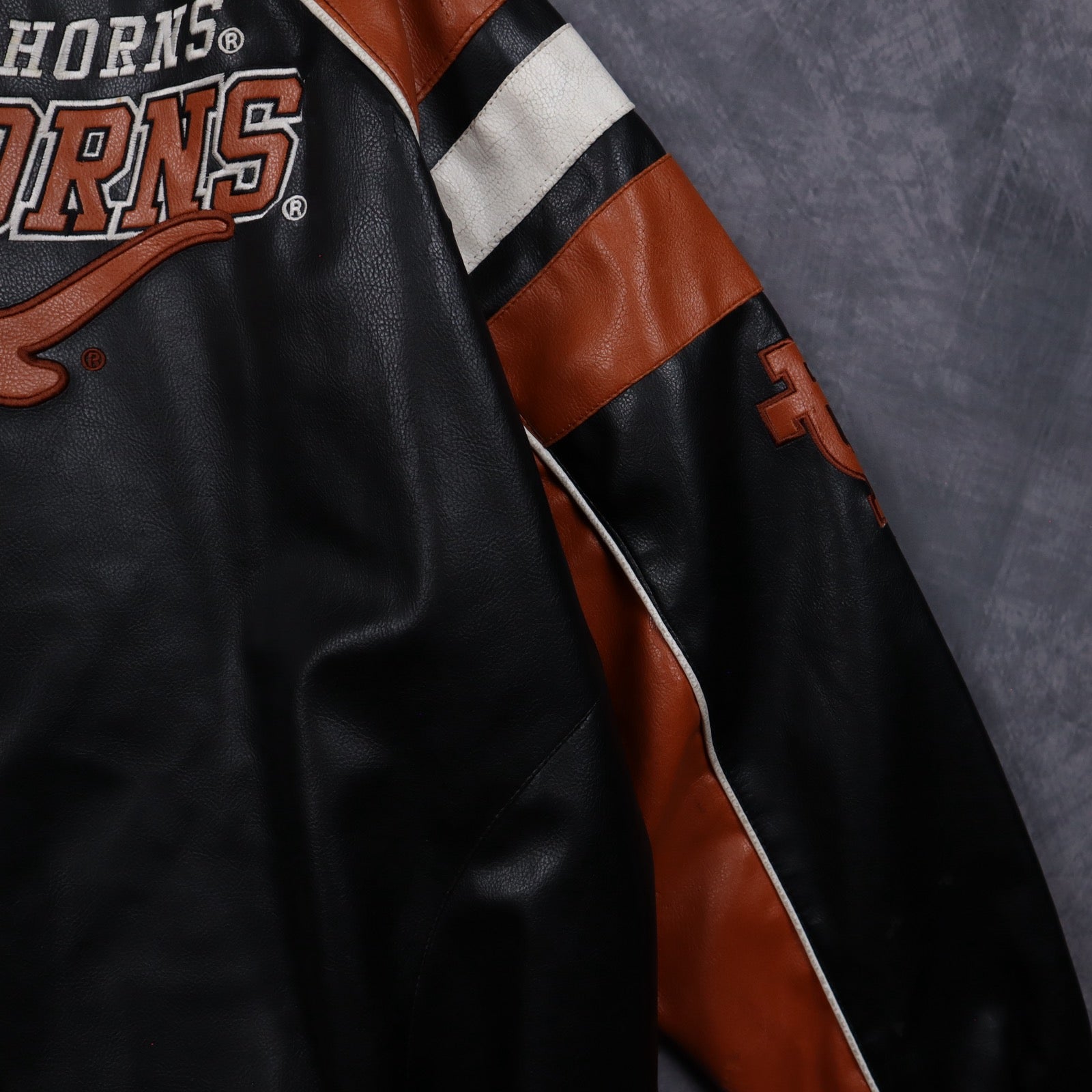 00s Black Texas Longhorns Faux Leather Varsity Jacket 5932