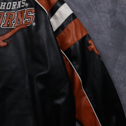 00s Black Texas Longhorns Faux Leather Varsity Jacket 5932