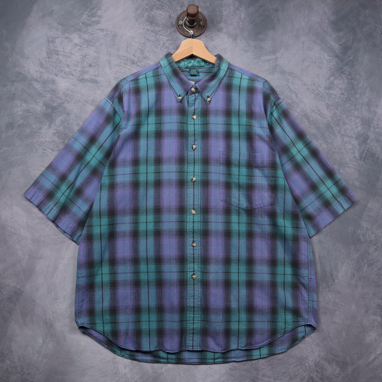 90s Green Purple Knights of Round Table Shadow Plaid Short Sleeve Button Up Shirt 5478