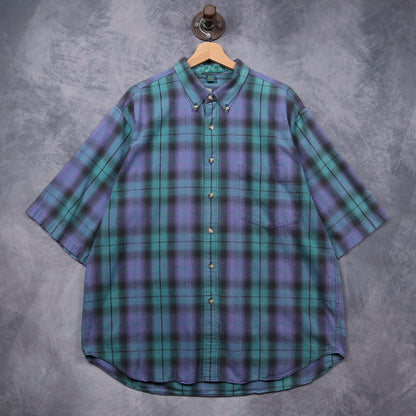 90s Green Purple Knights of Round Table Shadow Plaid Short Sleeve Button Up Shirt 5478
