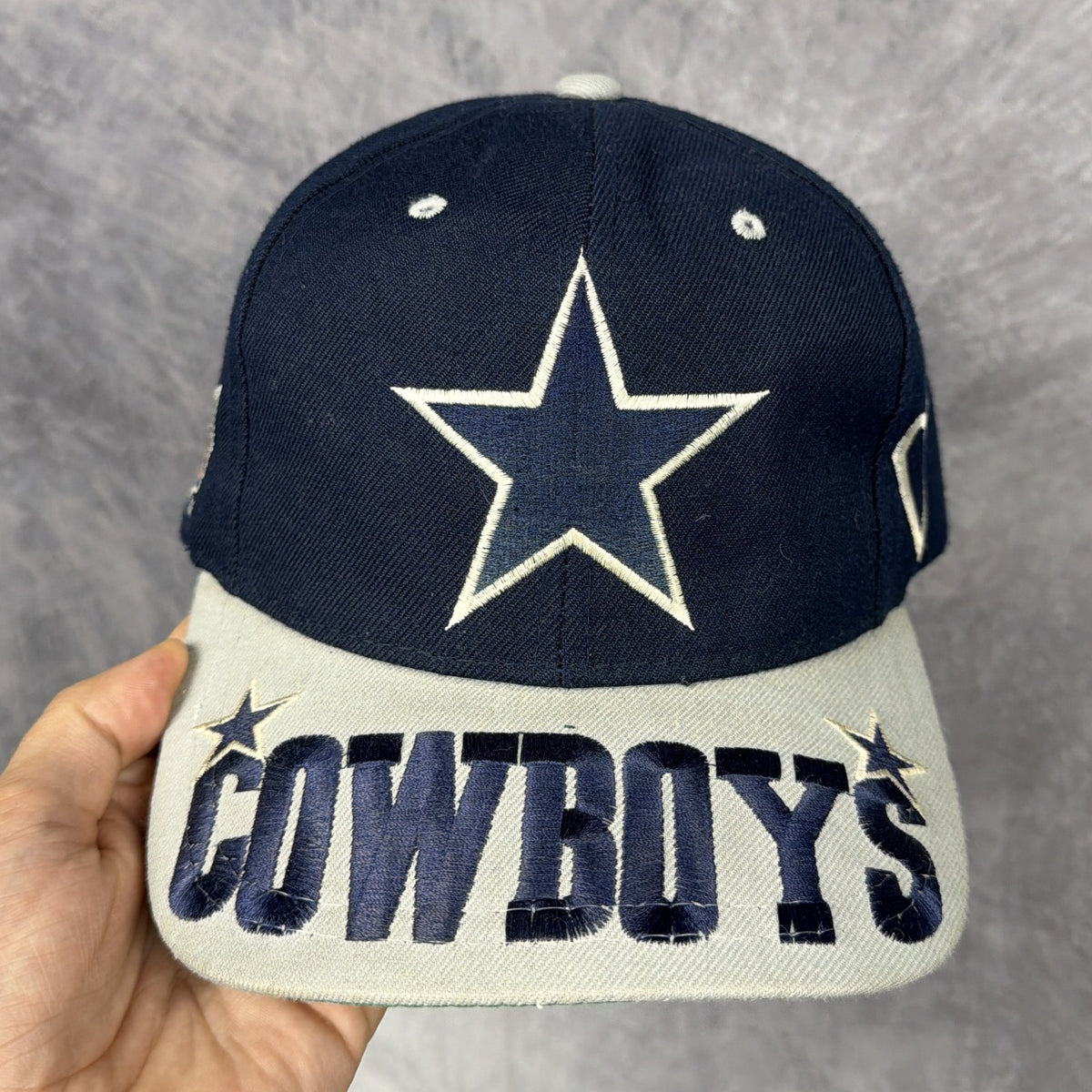 90s Navy Blue Dallas Cowboys Big Logo Brim Script Snapback Hat 6869