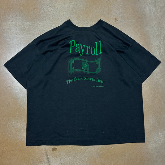 90s Black Payroll “The Buck Starts Here” Money Graphic Shirt XXL F57