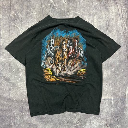 90s Faded Black Horse Graphic Shirt L A94