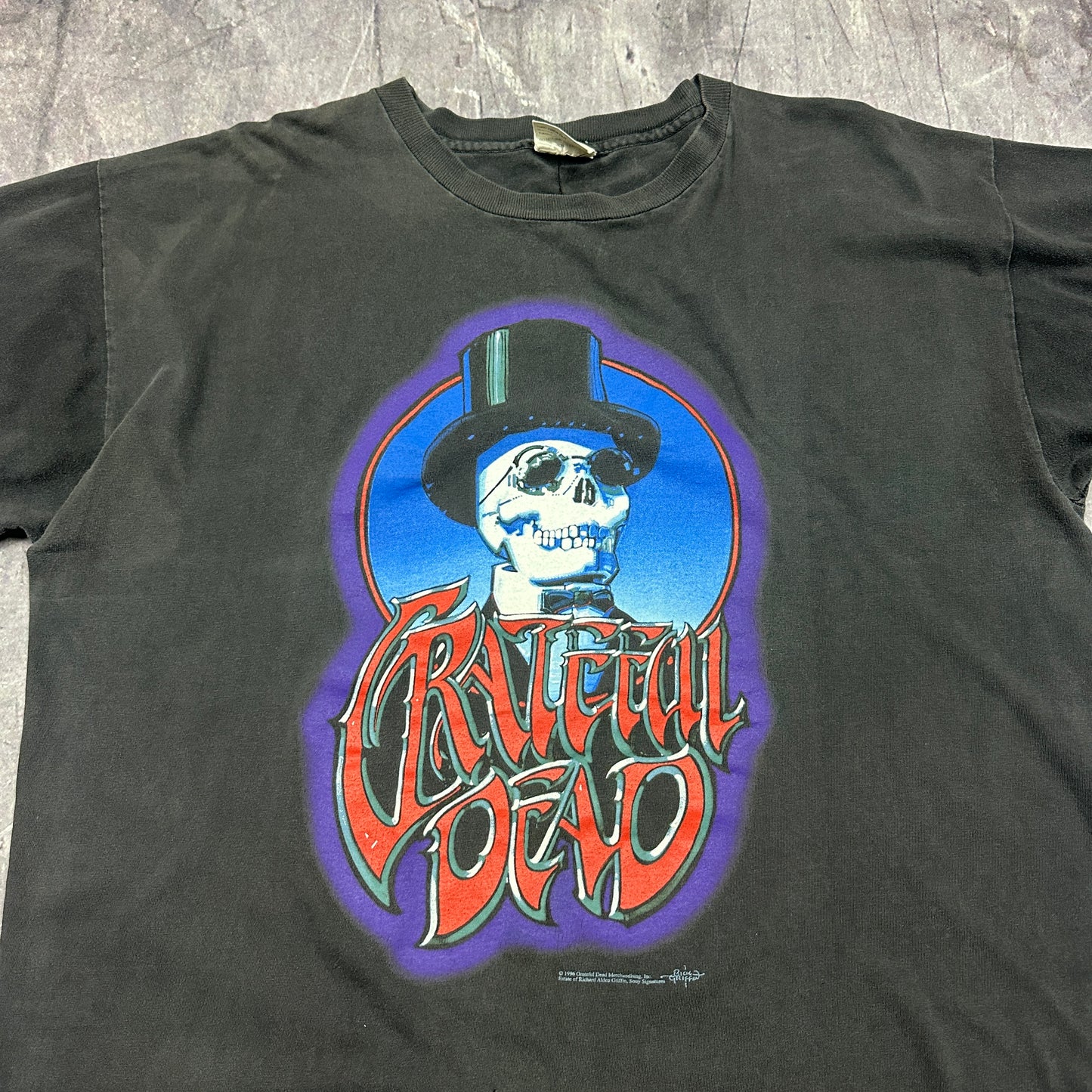 1996 Faded Black Rick Griffin Grateful Dead Skull Top Hat Graphic Shirt XL C53