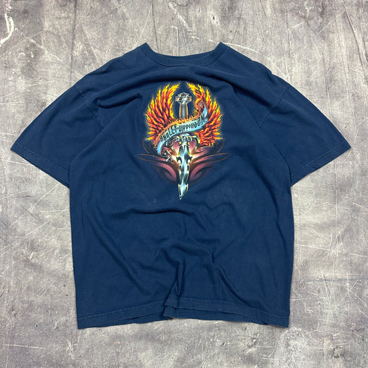 00s Blue Harley Davidson Sword Flame Logo Shirt XL W84